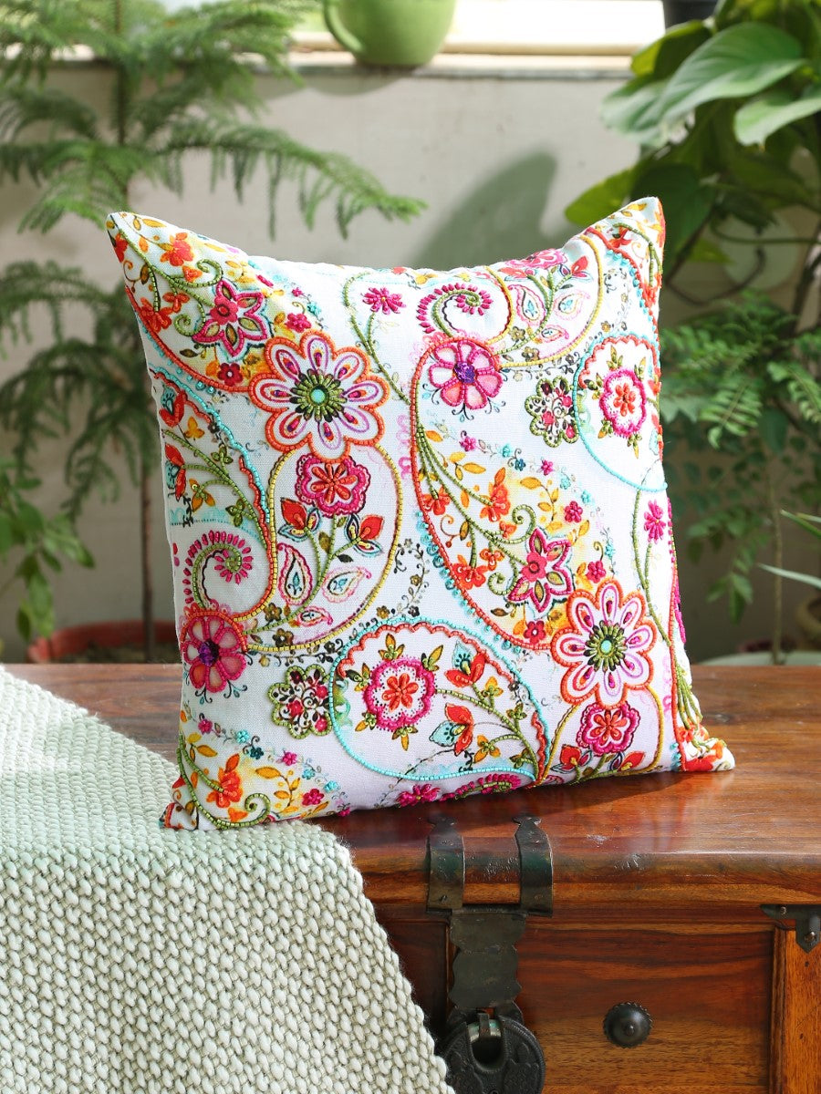 Multicolor Paisley Cushion with Pink & Green Hues