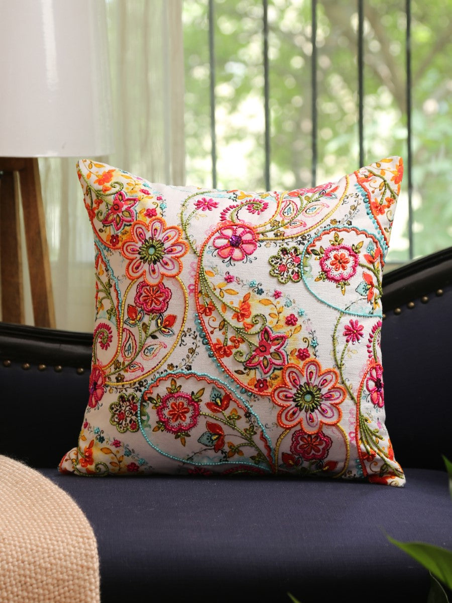 Multicolor Paisley Cushion with Pink & Green Hues