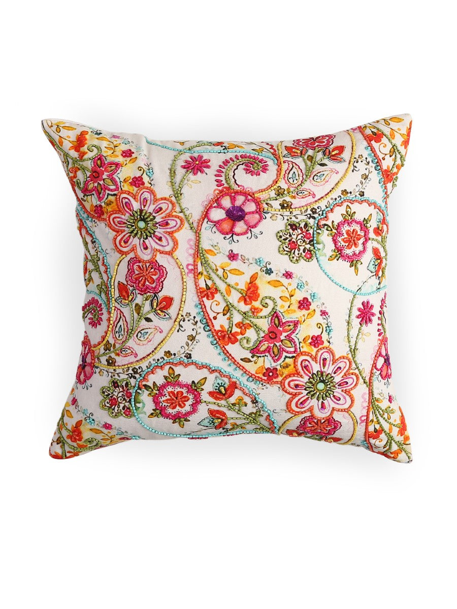 Multicolor Paisley Cushion with Pink & Green Hues