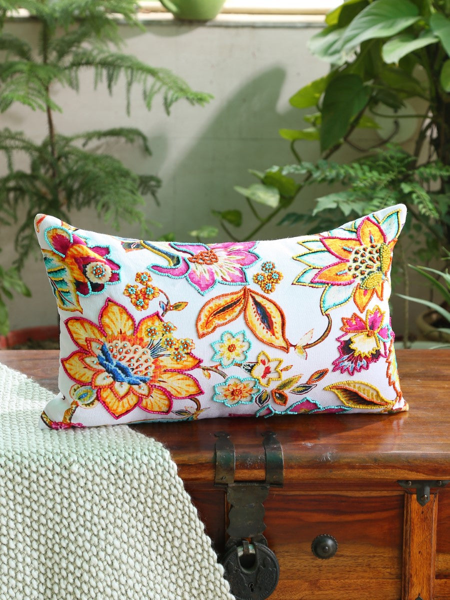 Multicolor Hand Beaded Rectangular Cushion Cover