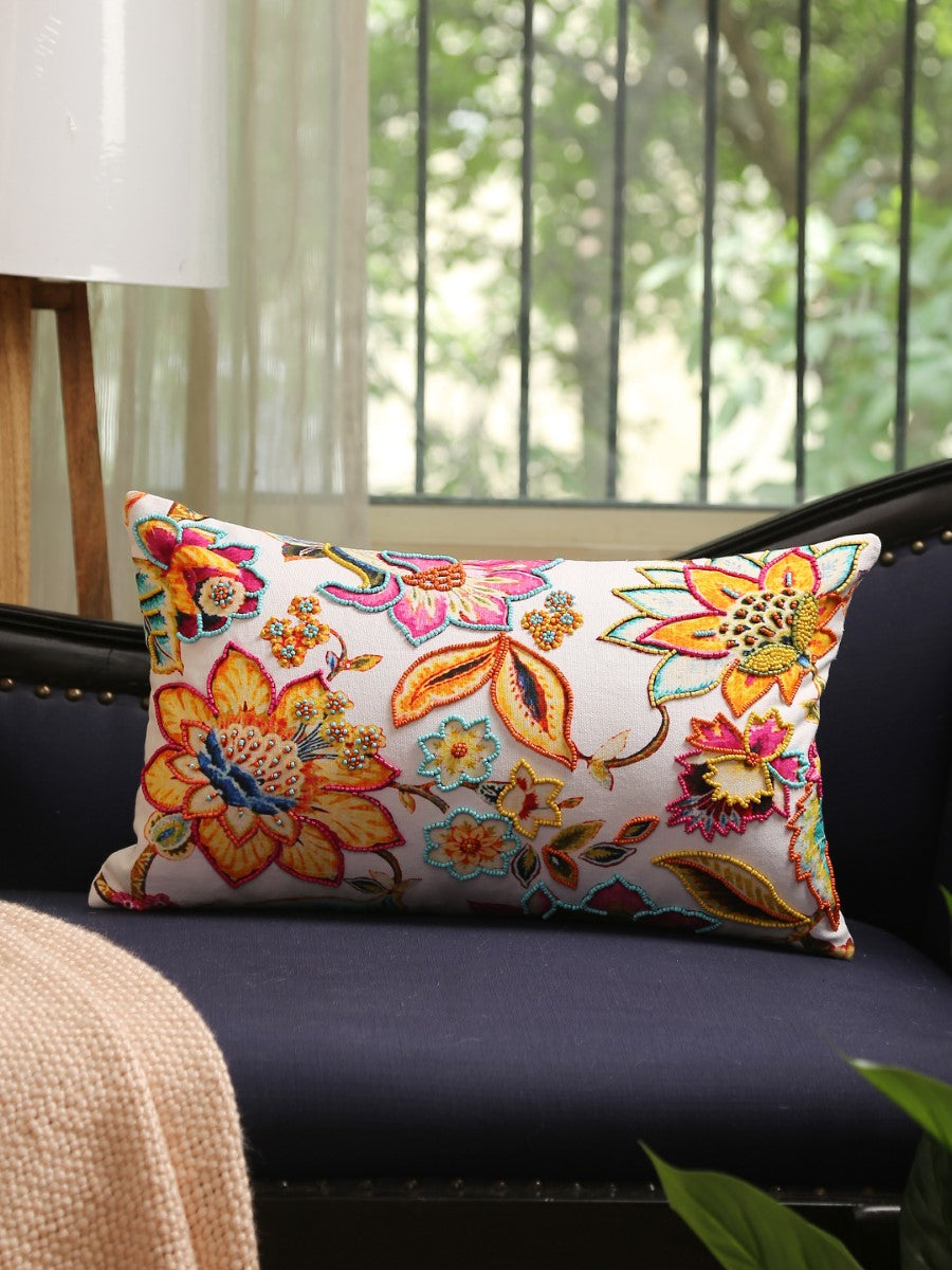Multicolor Hand Beaded Rectangular Cushion Cover