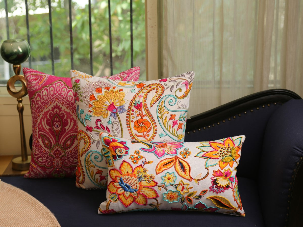 Multicolor Hand Beaded Rectangular Cushion Cover