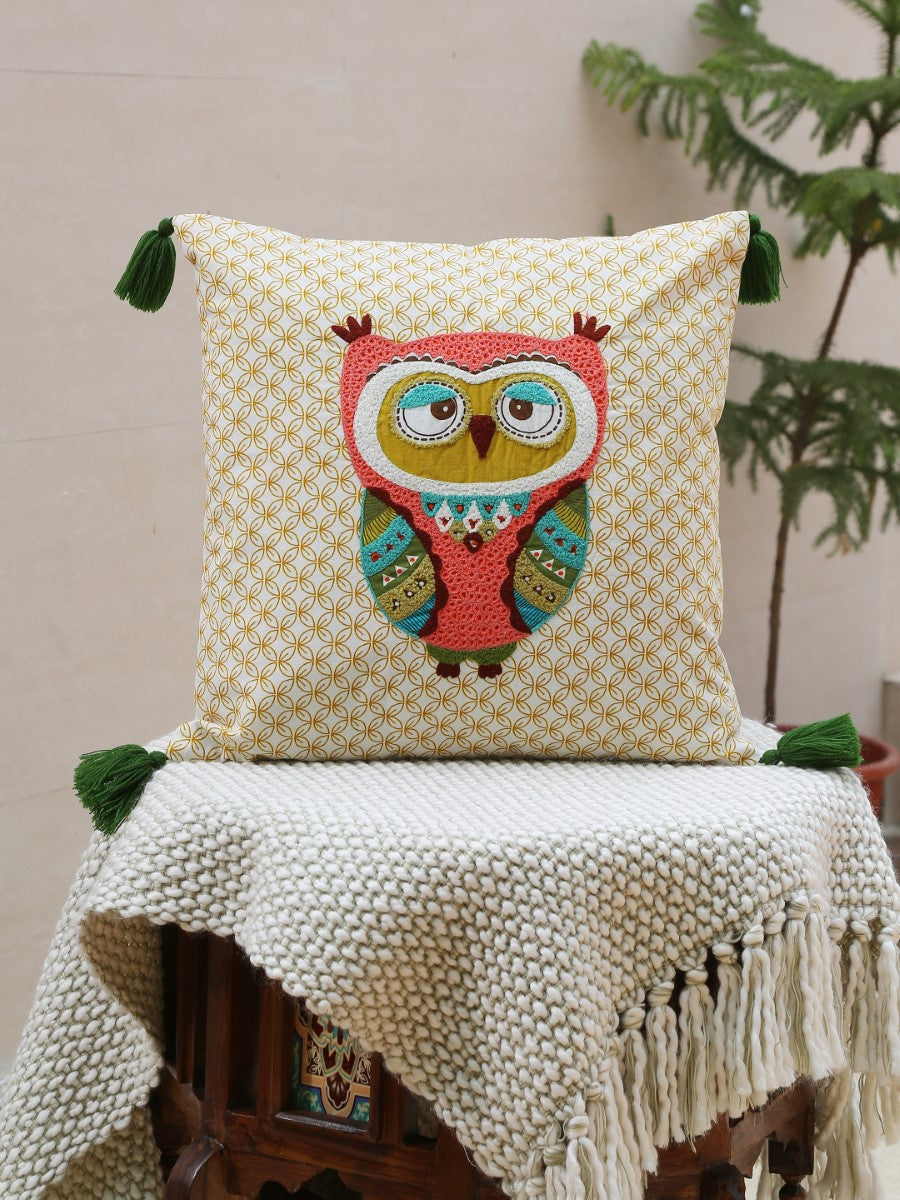 Owl Design Embroidered & Appliqué Cushion Cover