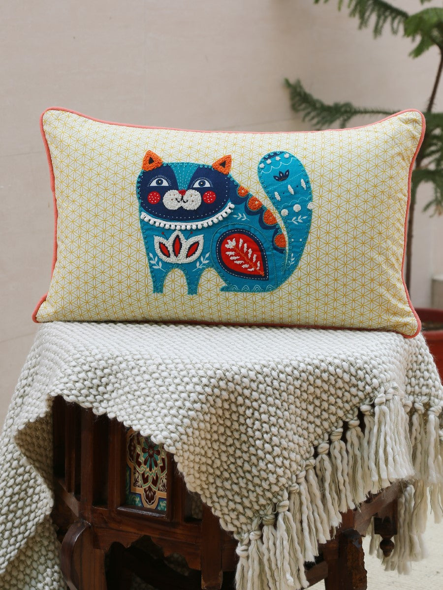 Cat Design Embroidered Cushion Cover
