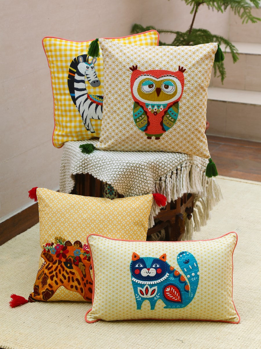 Cat Design Embroidered Cushion Cover