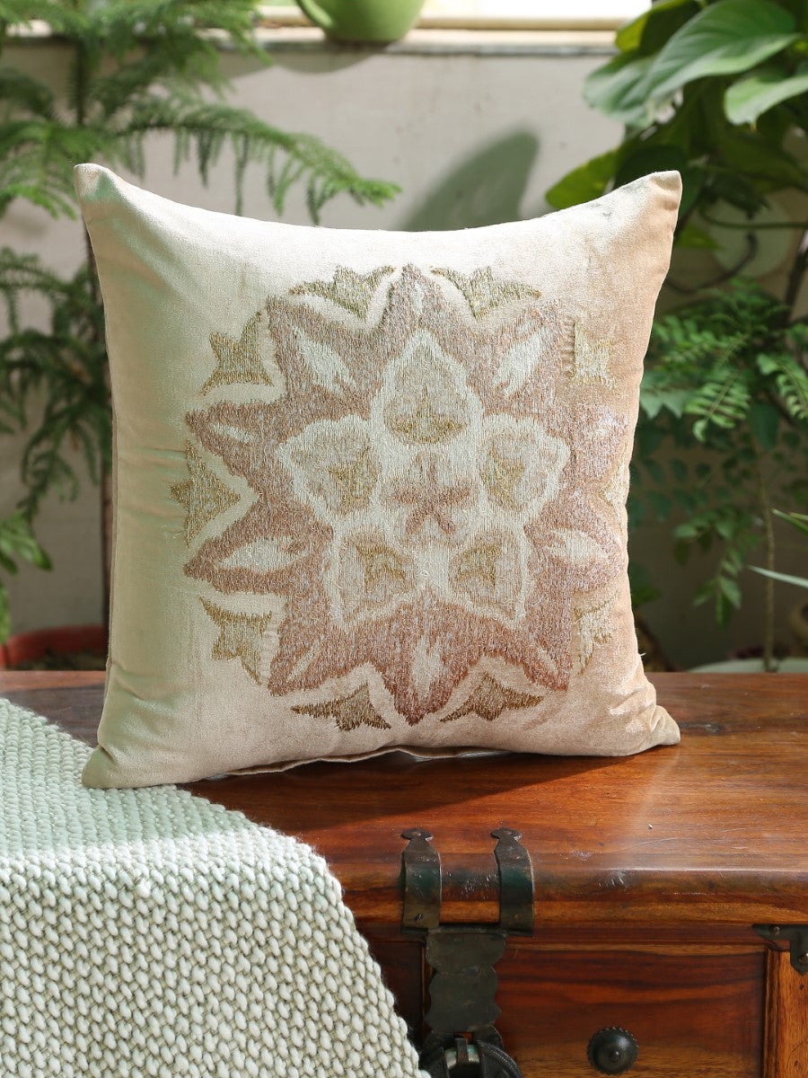 Beige Embroidered Viscose Velvet Cushion Cover