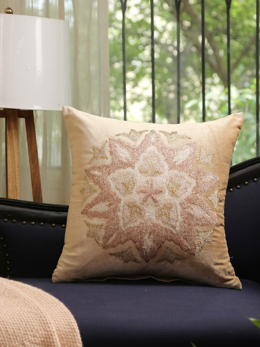 Beige Embroidered Viscose Velvet Cushion Cover
