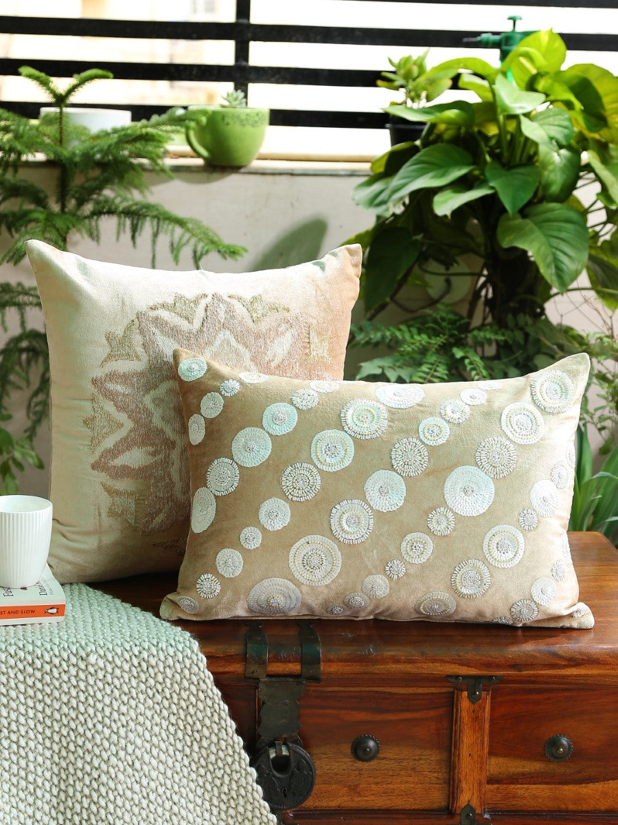 Beige Embroidered Viscose Velvet Cushion Cover