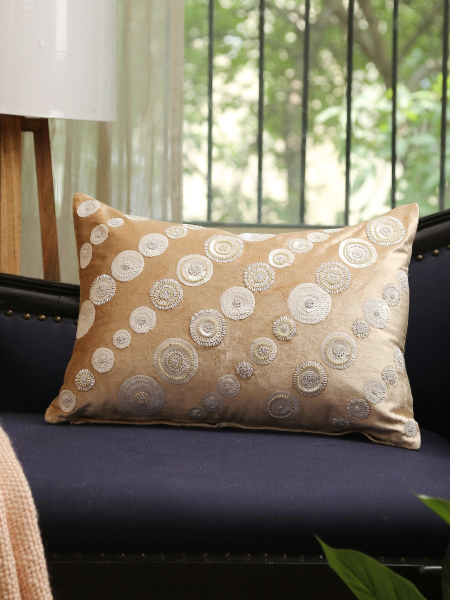 Beige Sequin And  Beads Work Viscose Velvet Cushion Cover