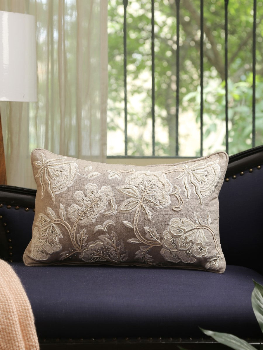 Grey Embroidered & Embellished Rectangular Cushion Cover