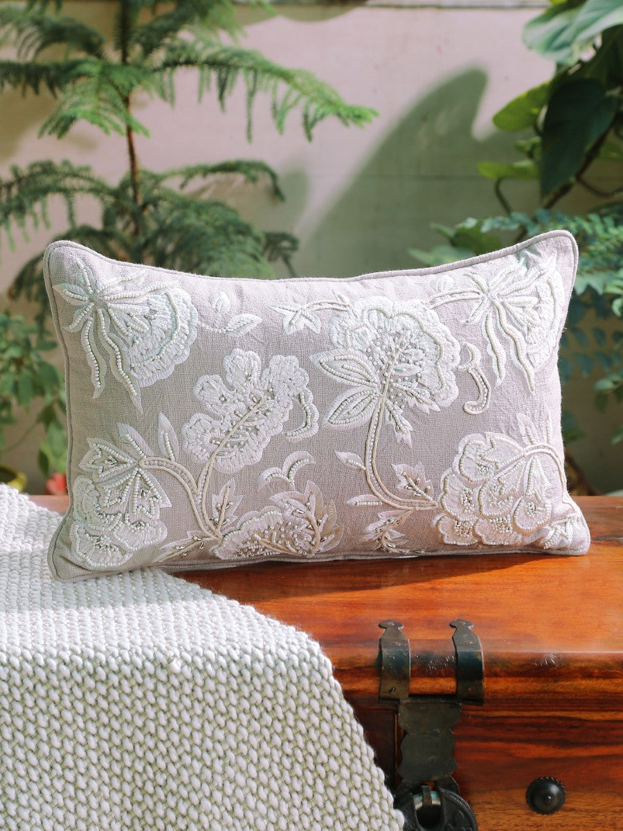 Grey Embroidered & Embellished Rectangular Cushion Cover