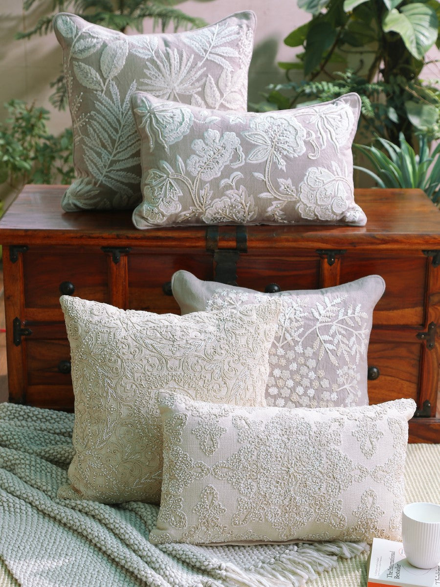 Grey Embroidered & Embellished Rectangular Cushion Cover