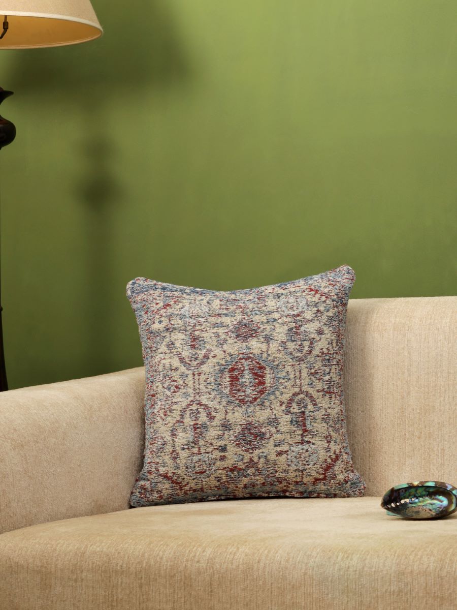 Jacquard Cotton Chenille Cushion Cover In Persian Motif - Beige & Multicolor