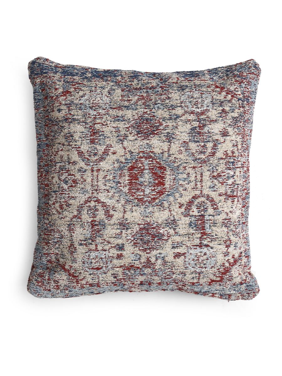 Jacquard Cotton Chenille Cushion Cover In Persian Motif - Beige & Multicolor