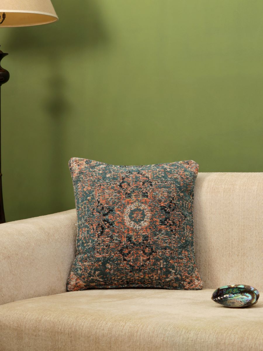 Jacquard Cotton Chenille Cushion Cover In Persian Motif - Teal