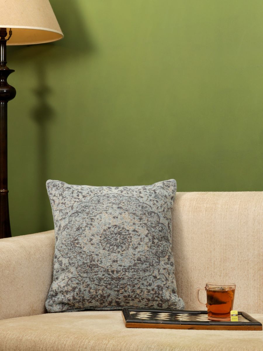 Jacquard Cotton Chenille Cushion Cover In Persian Motif - Blue