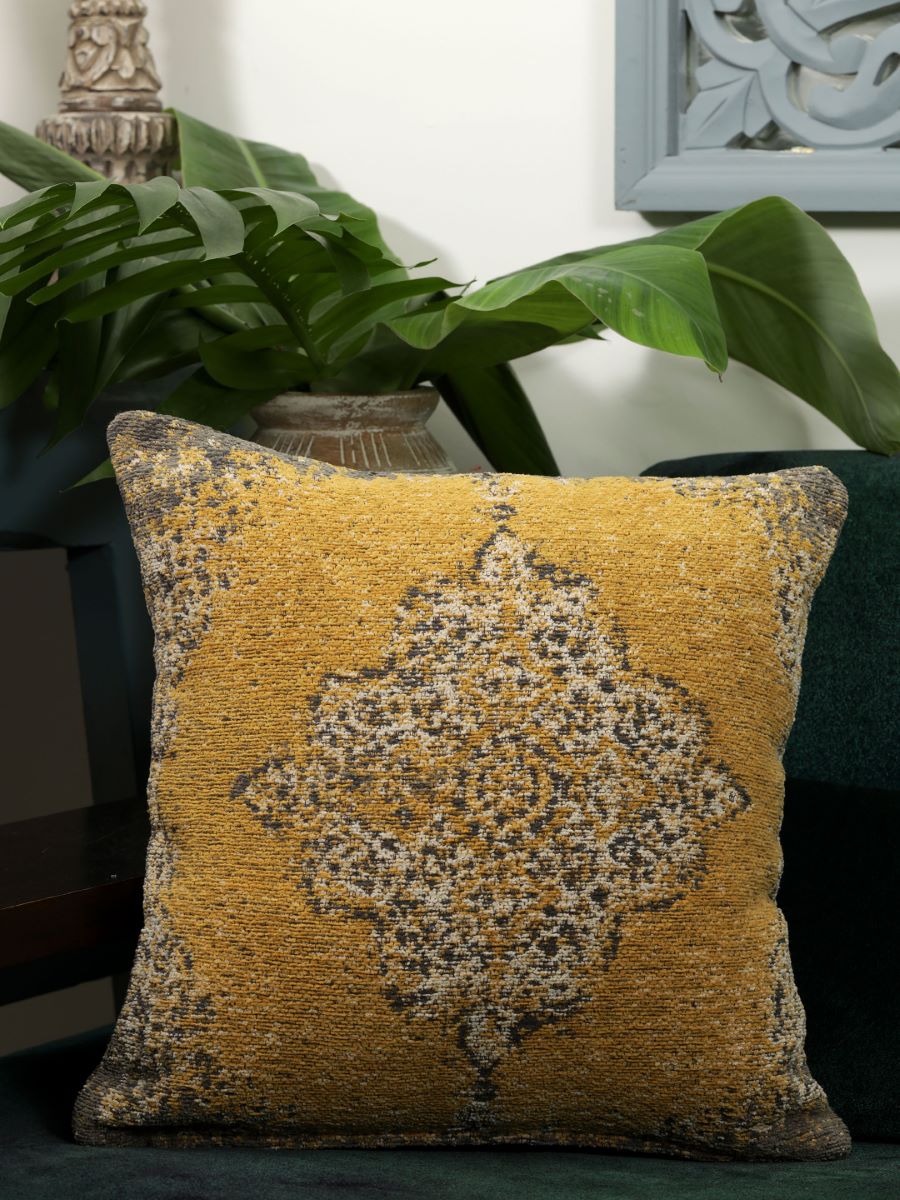 Jacquard Cotton Chenille Cushion Cover In Persian Motif - Yellow & Multicolor