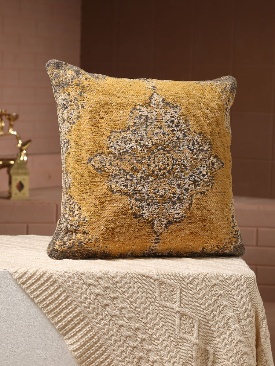 Jacquard Cotton Chenille Cushion Cover In Persian Motif - Yellow & Multicolor