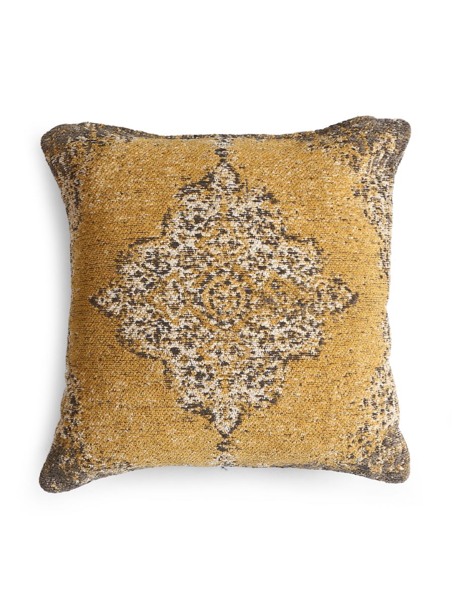Jacquard Cotton Chenille Cushion Cover In Persian Motif - Yellow & Multicolor