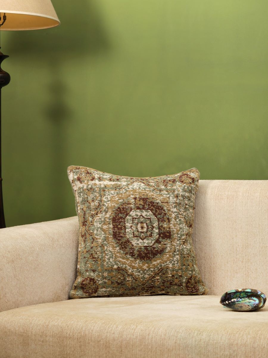 Jacquard Cotton Chenille Cushion Cover In Persian Motif - Green & Multicolor