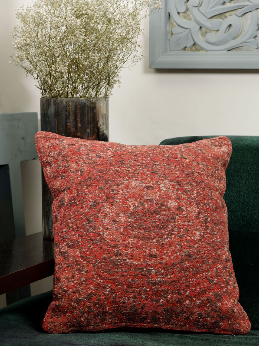 Jacquard Cotton Chenille Cushion Cover In Persian Motif - Deep Red