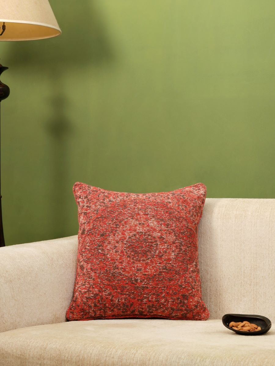 Jacquard Cotton Chenille Cushion Cover In Persian Motif - Deep Red