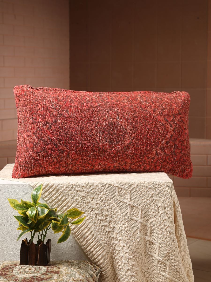 Jacquard Chenille Cushion Cover In Persian Motif  Pillow Style - Deep Red