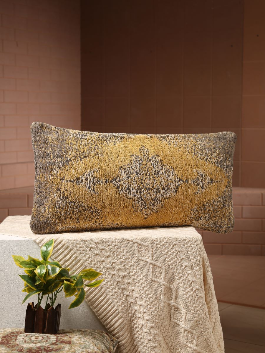 Jacquard Chenille Cushion Cover In Persian Motif  Pillow Style - Yellow & Multicolor