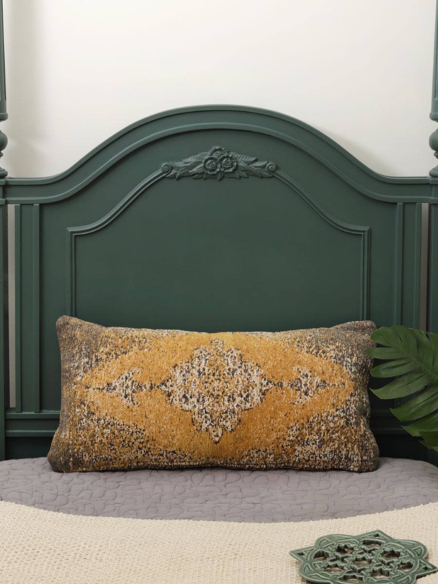 Jacquard Chenille Cushion Cover In Persian Motif  Pillow Style - Yellow & Multicolor