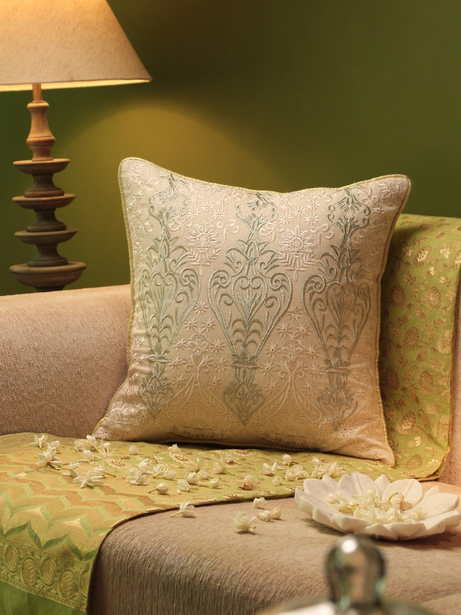 Ivory & Gold Zari Embroidery Cushion Cover