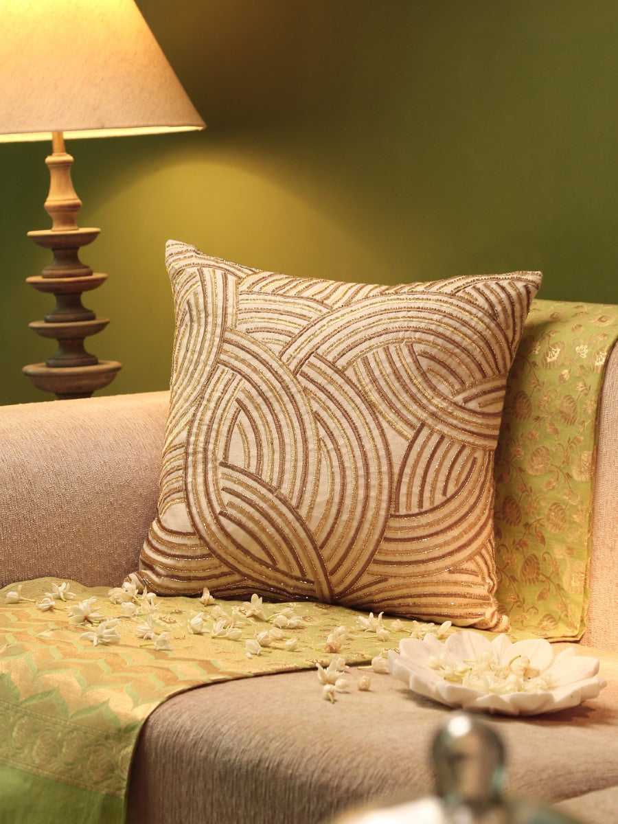 Ivory And Gold Wave Design Cushion Cover
