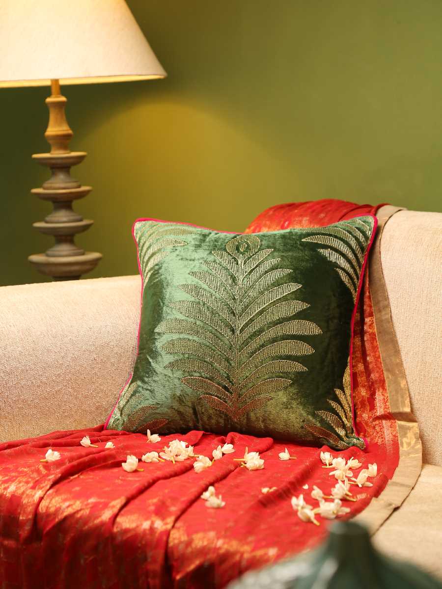 Green Velvet Cushion Cover With Zari Embroidery - Square