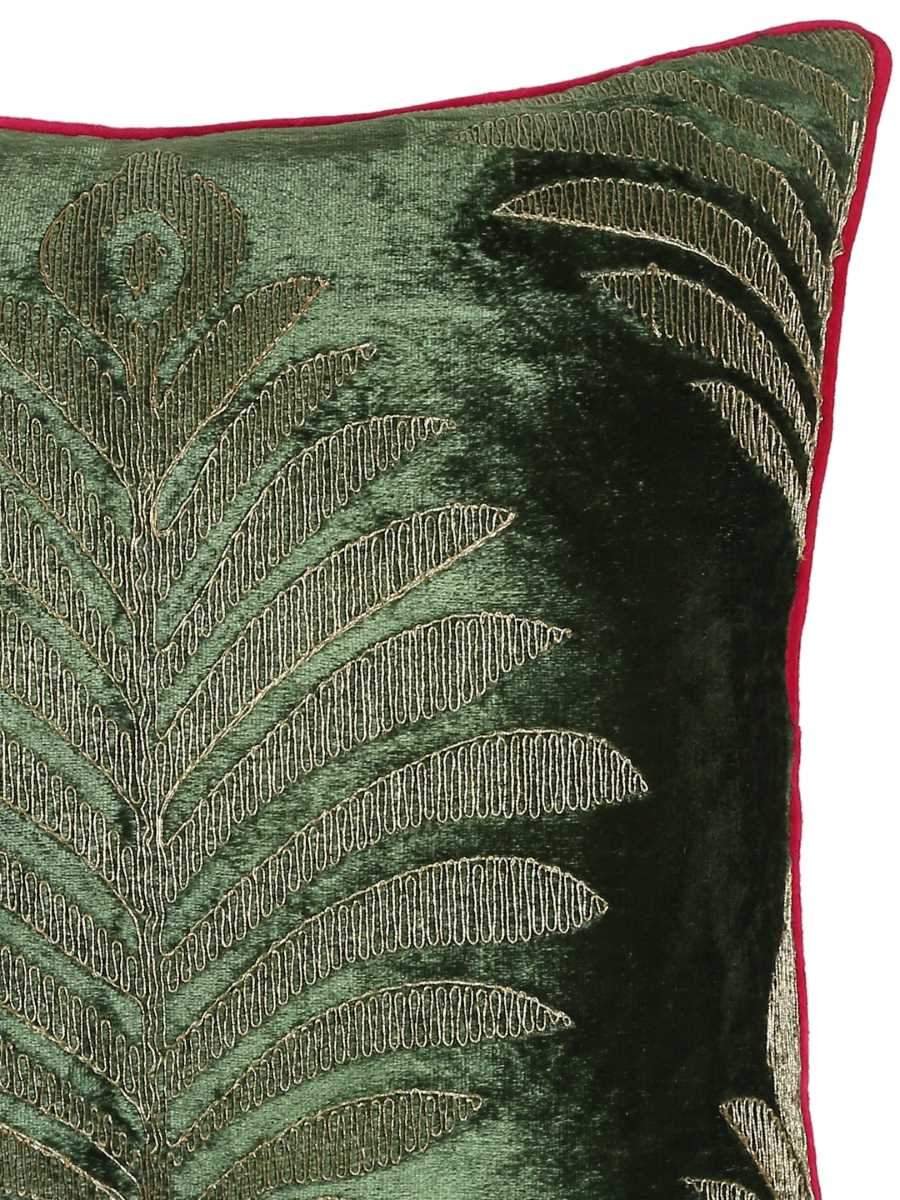 Green Velvet Cushion Cover With Zari Embroidery - Square