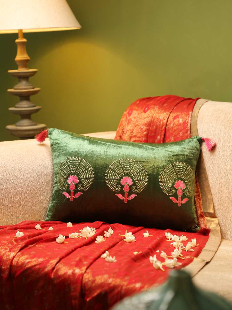 Green Velvet Cushion Cover With Zari Embroidery - Rectangle