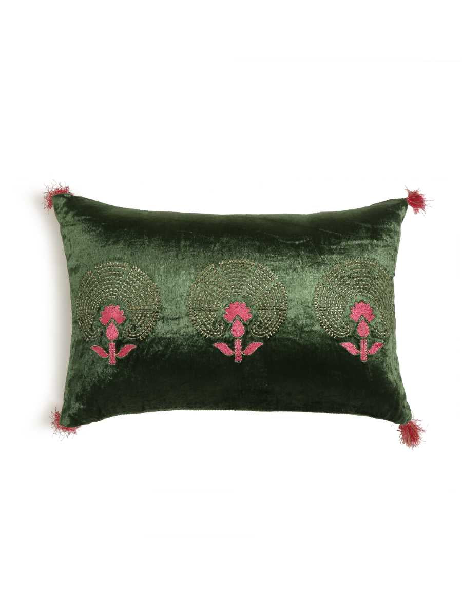 Green Velvet Cushion Cover With Zari Embroidery - Rectangle
