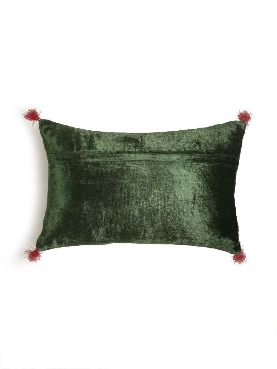 Green Velvet Cushion Cover With Zari Embroidery - Rectangle