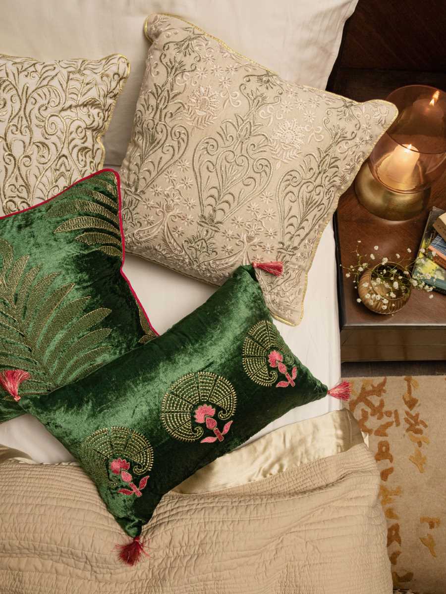 Green Velvet Cushion Cover With Zari Embroidery - Rectangle