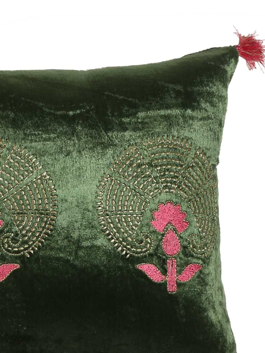 Green Velvet Cushion Cover With Zari Embroidery - Rectangle