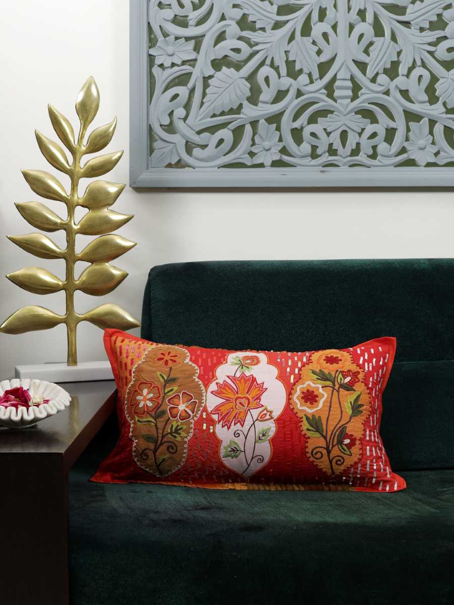 Red And Multicolor Patch Work Embroidered Cushion Cover With Sequin Base
