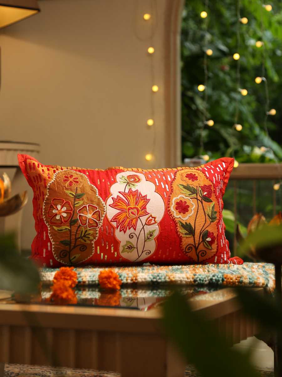 Red And Multicolor Patch Work Embroidered Cushion Cover With Sequin Base