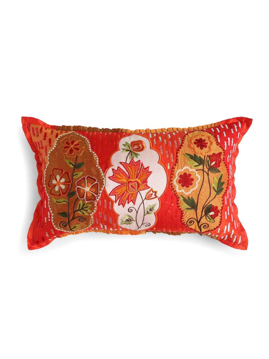 Red And Multicolor Patch Work Embroidered Cushion Cover With Sequin Base