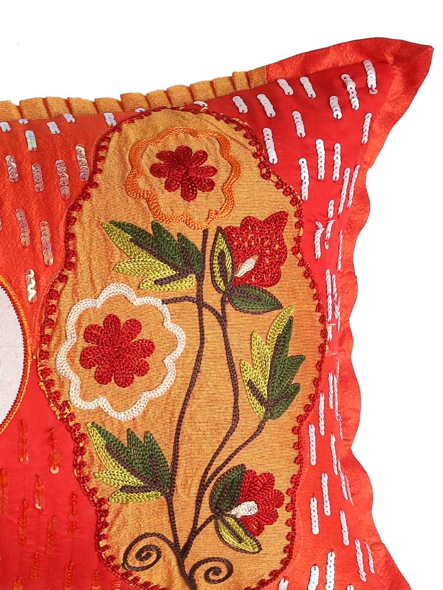 Red And Multicolor Patch Work Embroidered Cushion Cover With Sequin Base