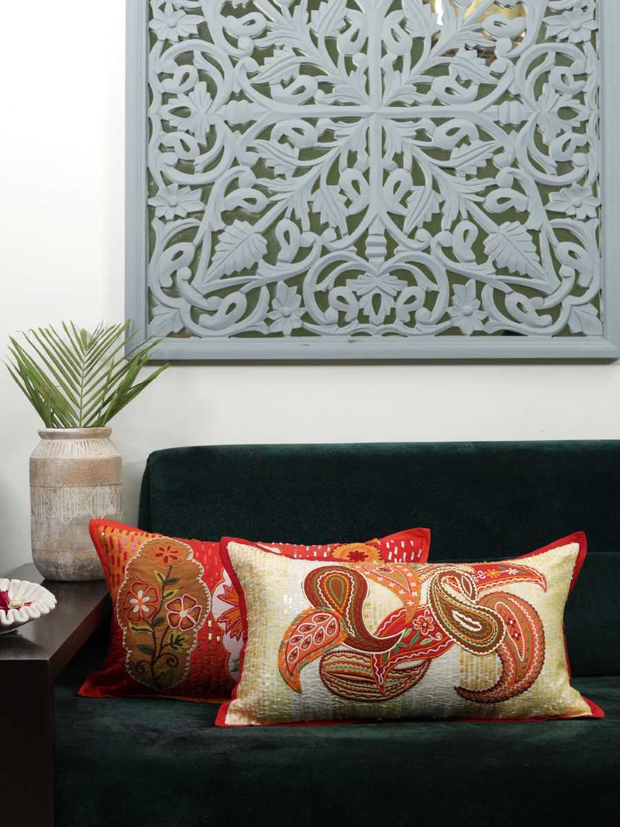 Red And Multicolor Patch Work Embroidered Cushion Cover With Sequin Base