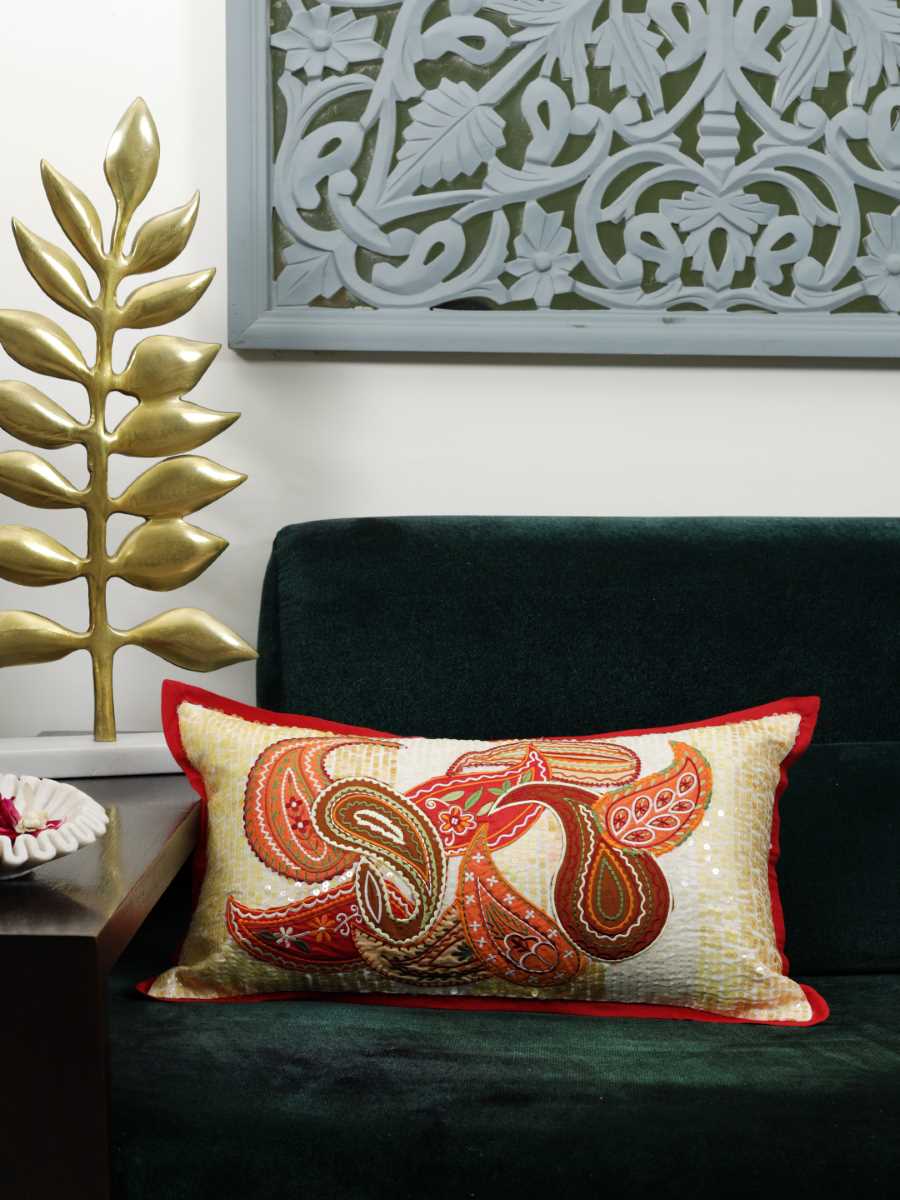 Paisley Design Patch Work Embroidered Cushion Cover With Sequin Base