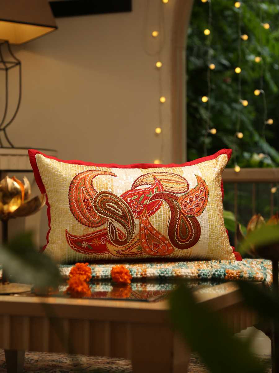 Paisley Design Patch Work Embroidered Cushion Cover With Sequin Base