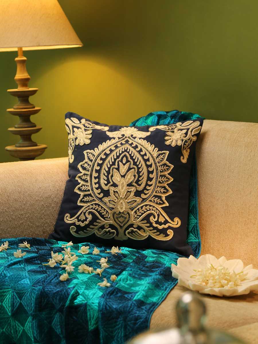 Blue Embroidered & Embellished Cushion Cover