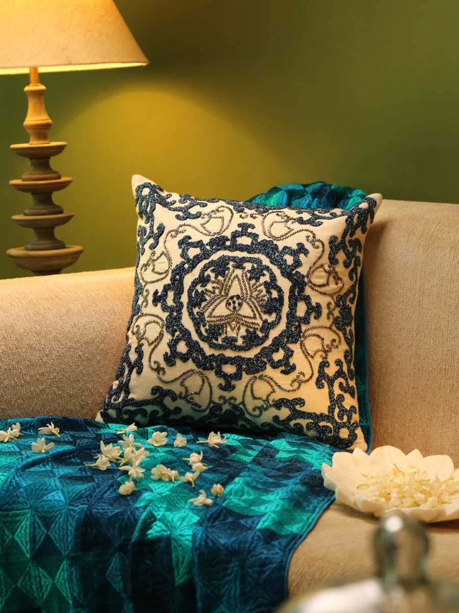 Ivory & Blue Embellished Cushion Cover