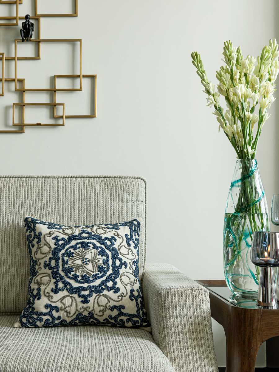 Ivory & Blue Embellished Cushion Cover