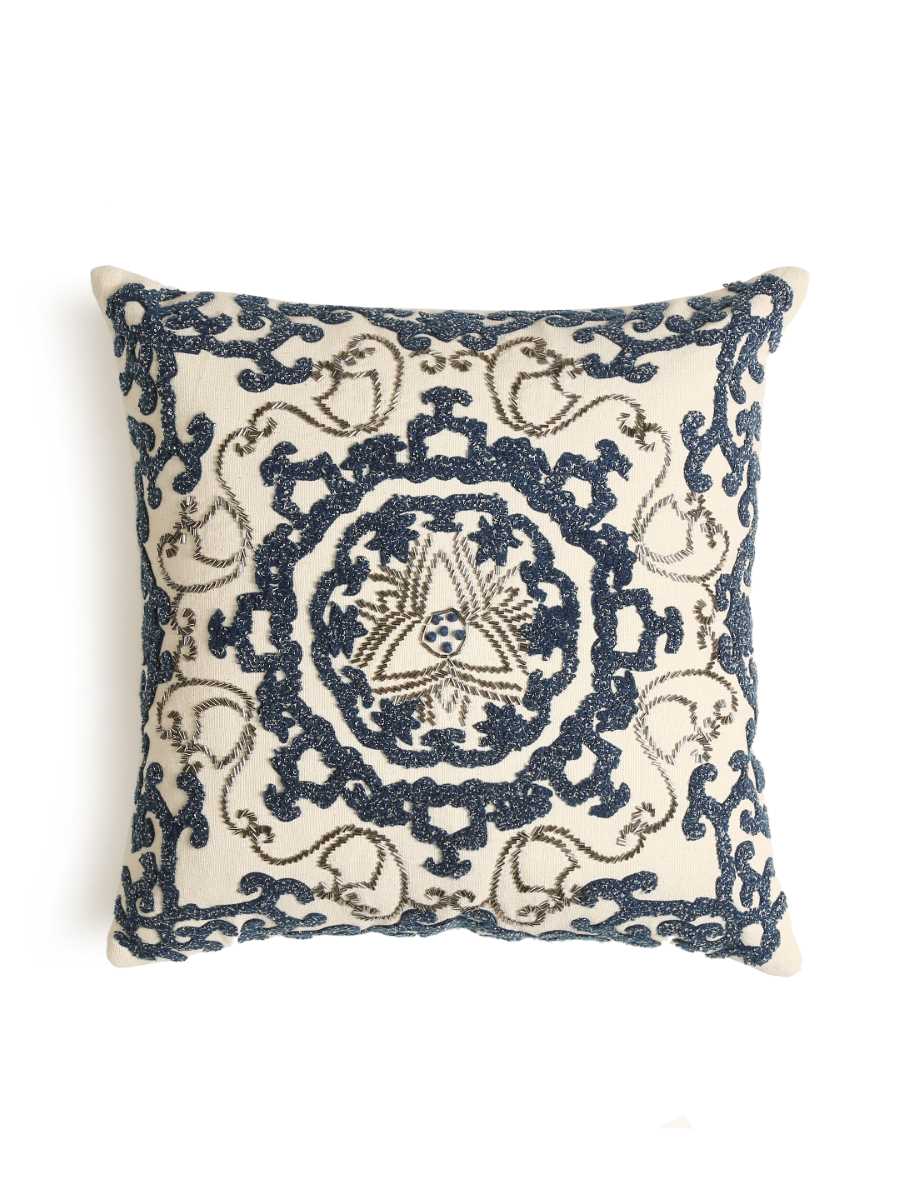 Ivory & Blue Embellished Cushion Cover