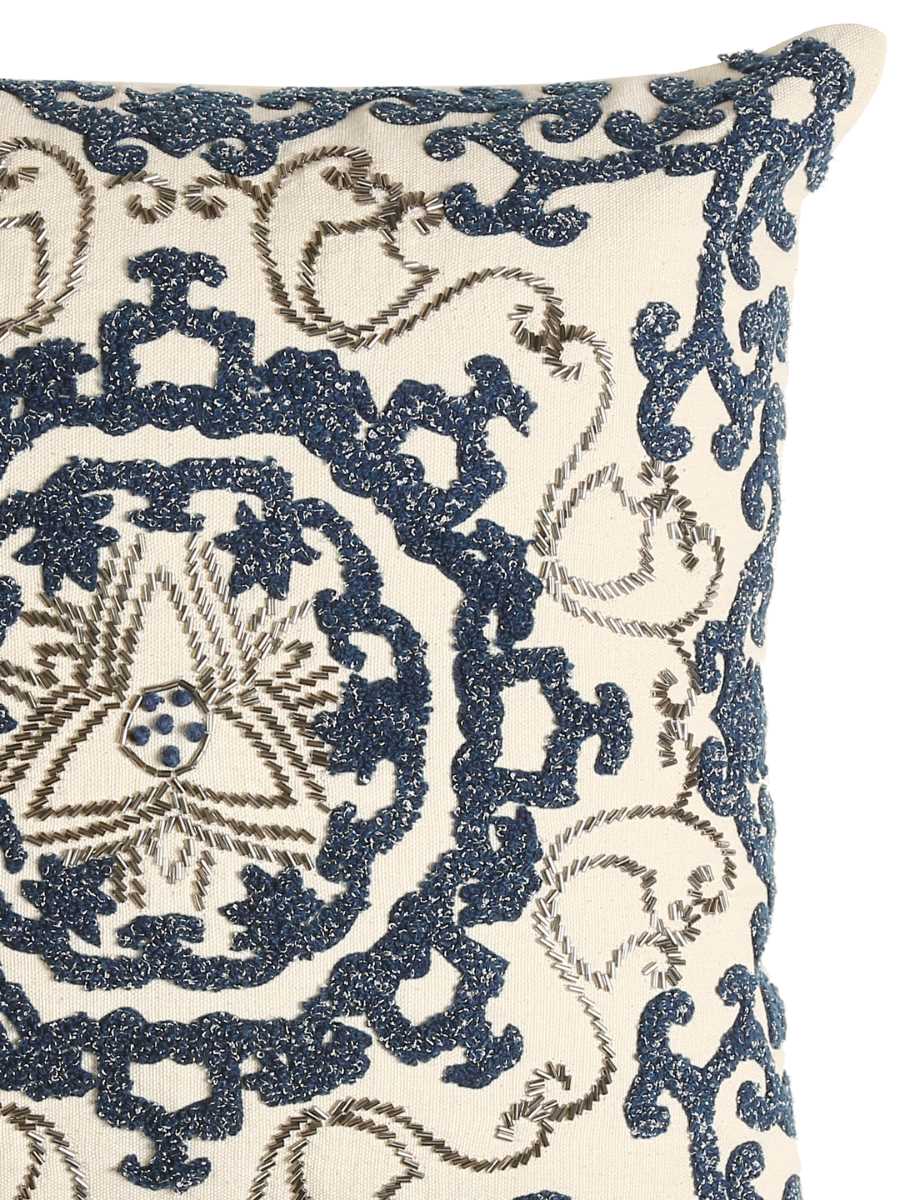 Ivory & Blue Embellished Cushion Cover